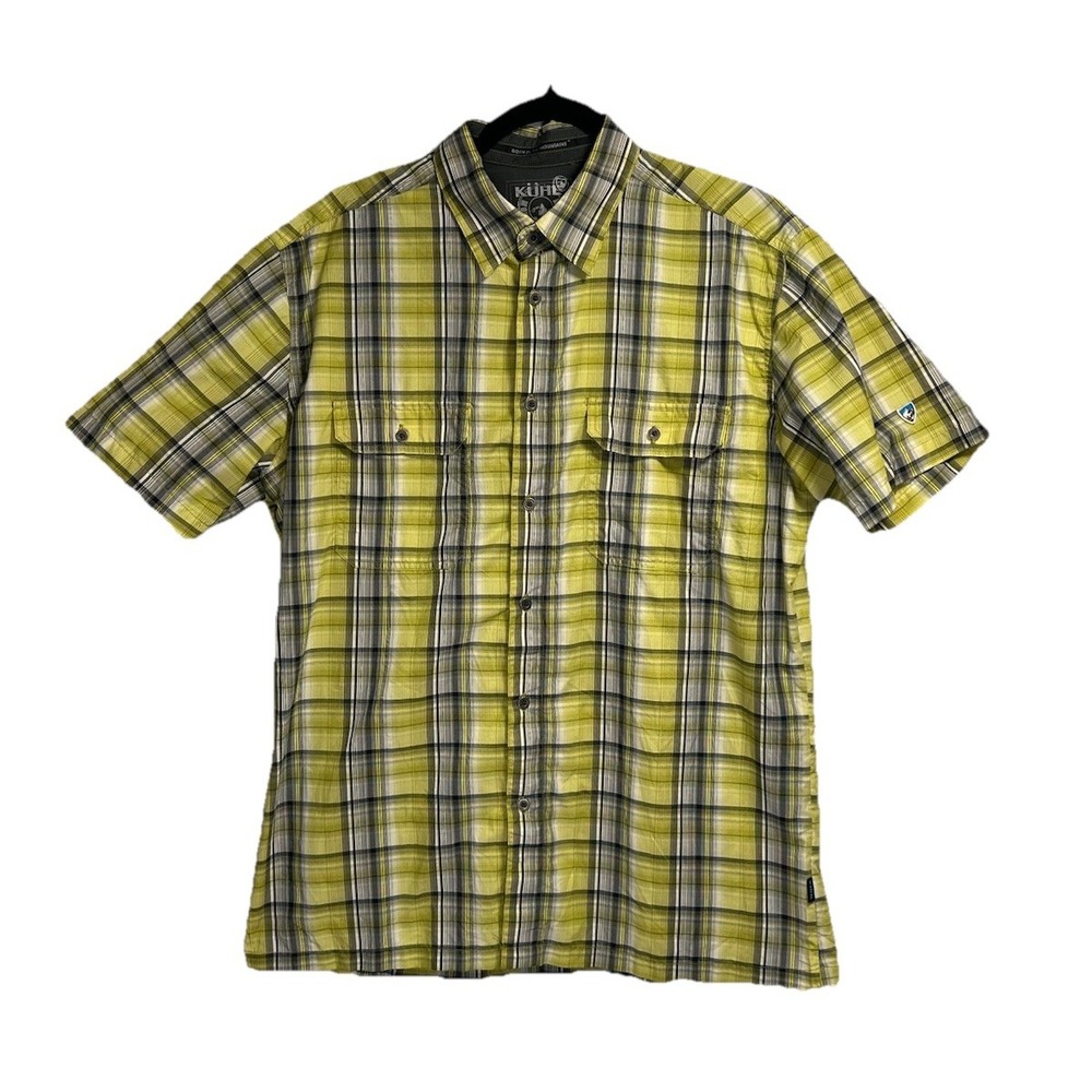 KUHL‎ Eluxur Hiking Button Down Shirt Short Sleeve Mens Large Green Plaid Light